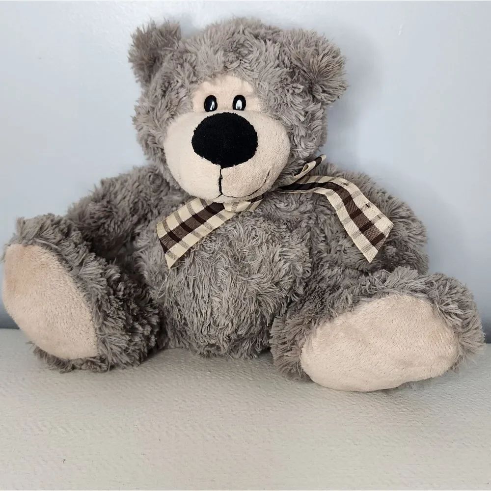Ganz Bear Big Nose Teddy Grey Tan Plaid Ribbon Stuffed Animal Plush Toy